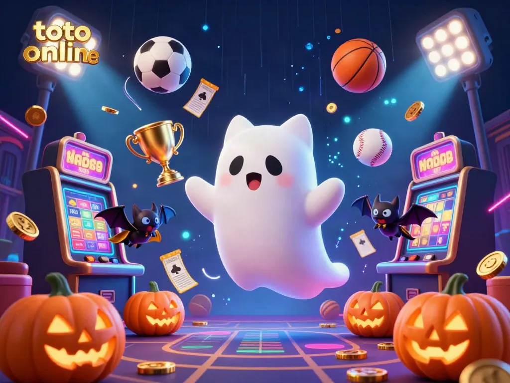 Engage with the playful scene of a friendly ghost cat and bat companions animating a thrilling haunted casino atmosphere focused on toto online betting.