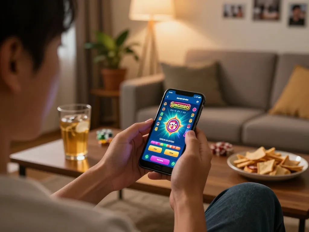 Using the apk sungaitoto app for online gambling in a cozy home setting with smartphone and snacks.