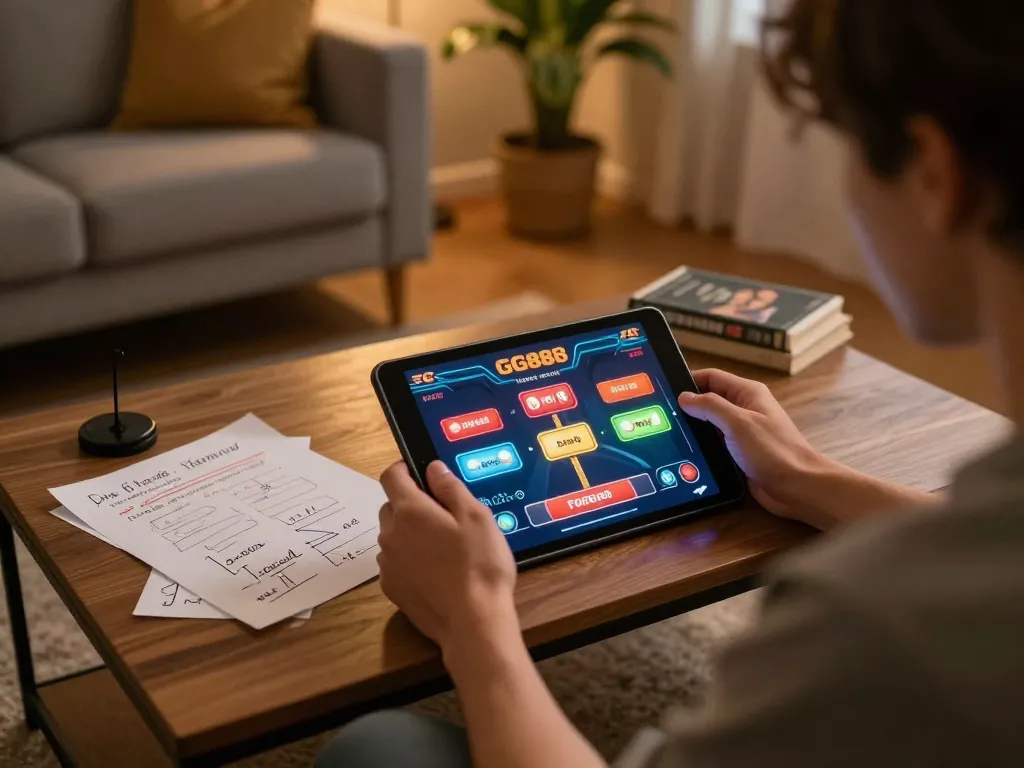 Player engaging with GG888 online casino game on tablet, analyzing strategy, and warm home setting
