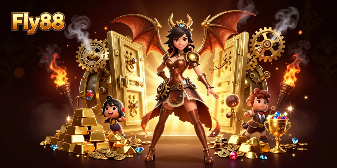 Engage in thrilling gambling at Fly88 with a stunning steampunk character and treasure elements.