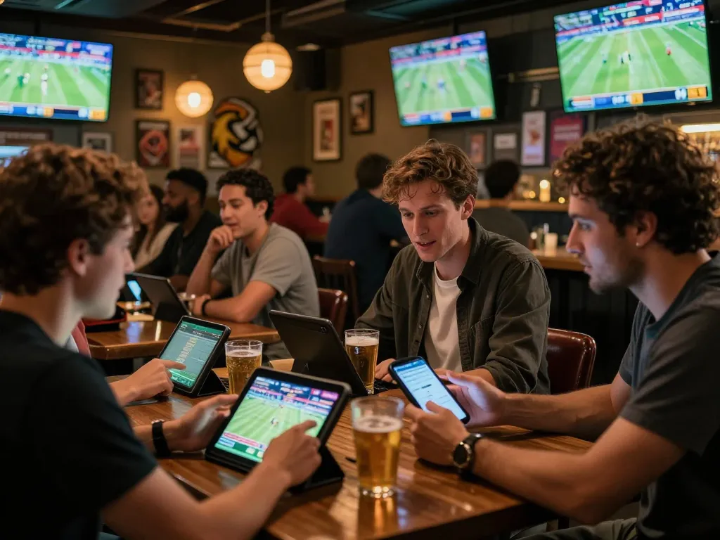 Active sports bettors engaging with keo nha cai on mobile apps in a lively sports bar.