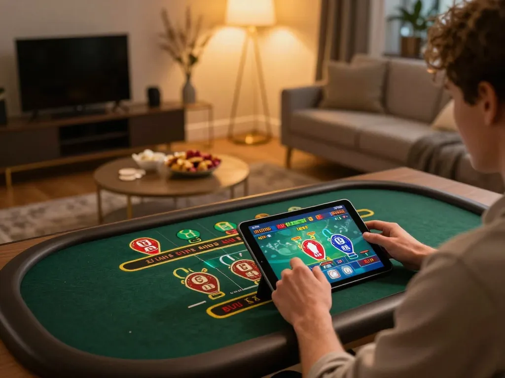Engaged player enjoying online casino gaming on a tablet featuring ATQ 8xx, in a modern and cozy environment