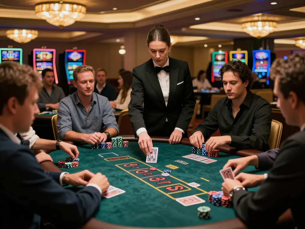 NHÀ CÁI MB88 showcases players strategizing at a lively blackjack table in an upscale casino.