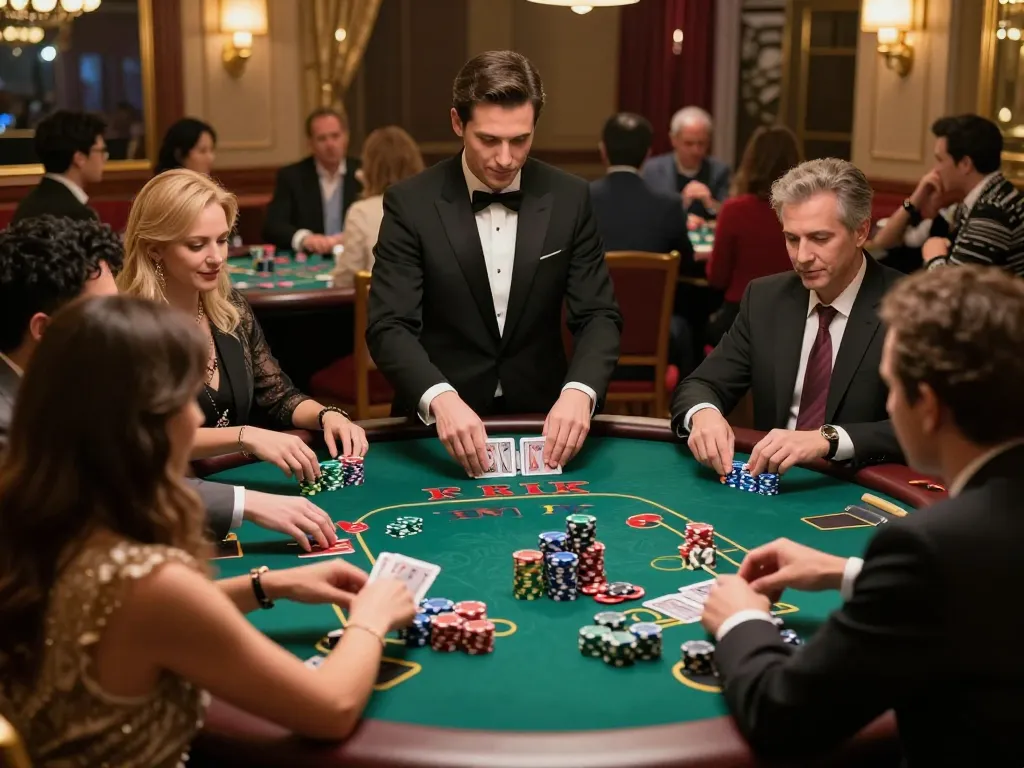 Players engage in strategic blackjack game at KKWIN, highlighting casino excitement and gaming action.