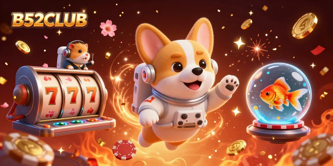B52CLUB offers thrilling casino action with a dynamic floating corgi, celebratory effects, and rich gaming elements.