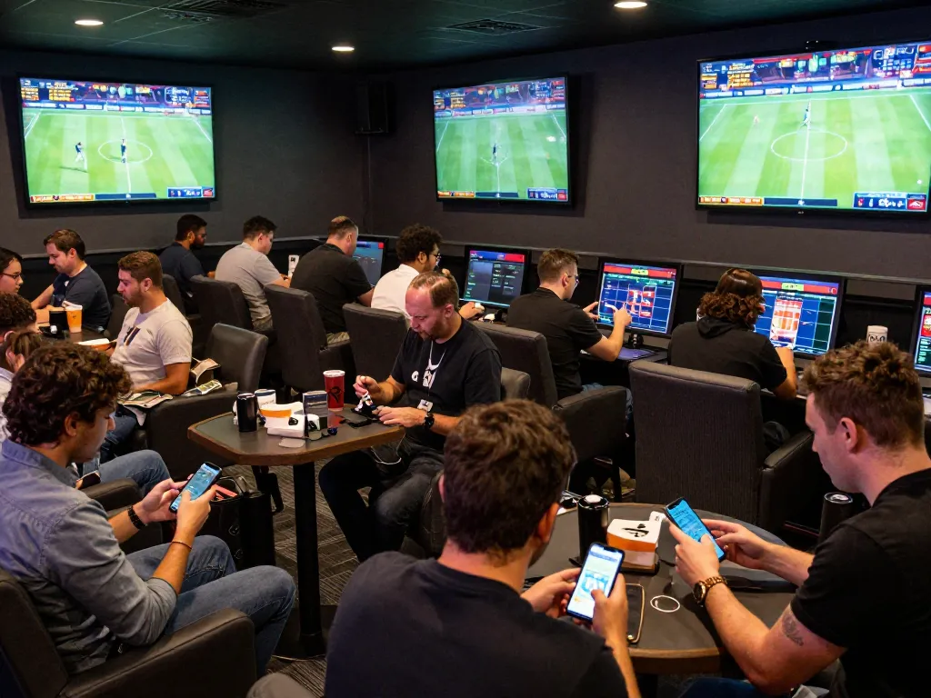 Fans placing bets on keo nha cai in an energetic sports betting lounge filled with excitement