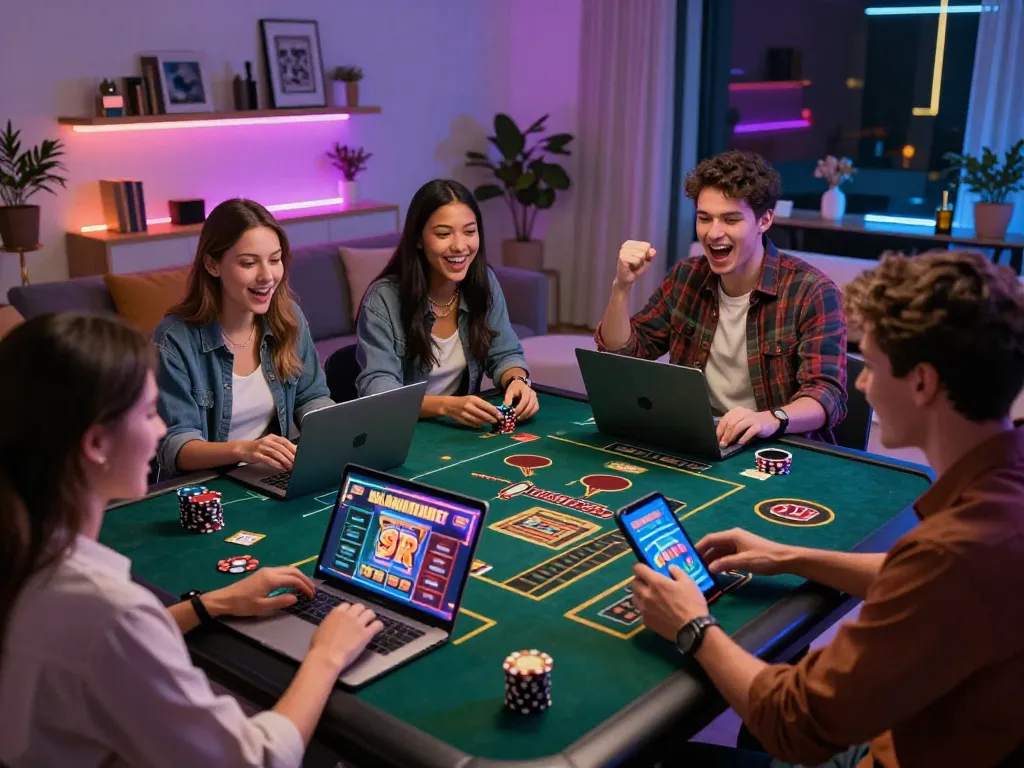 Friends enjoying TT88 online gambling in a cozy living room setting