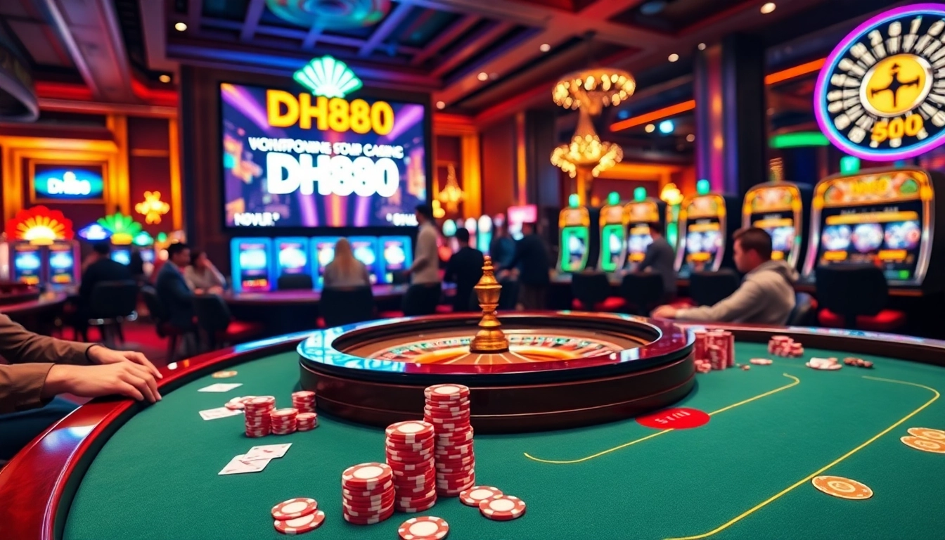 A lively casino scene showcasing DH88 gaming tables and vibrant slot machines, inviting excitement.