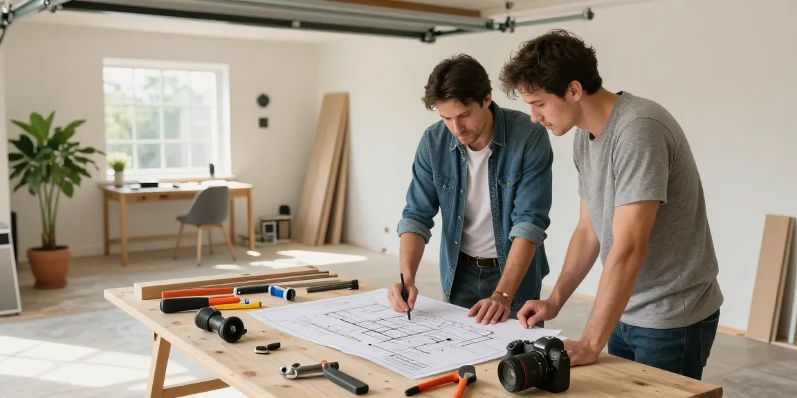 Garage conversion specialist near me working with homeowners to transform a garage into a stylish office.