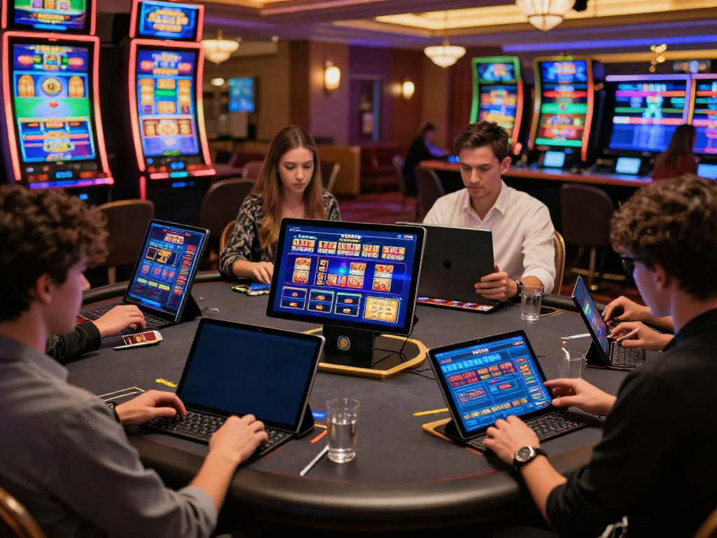 Diverse players enjoying LU88 online gambling on modern devices in a vibrant virtual casino.