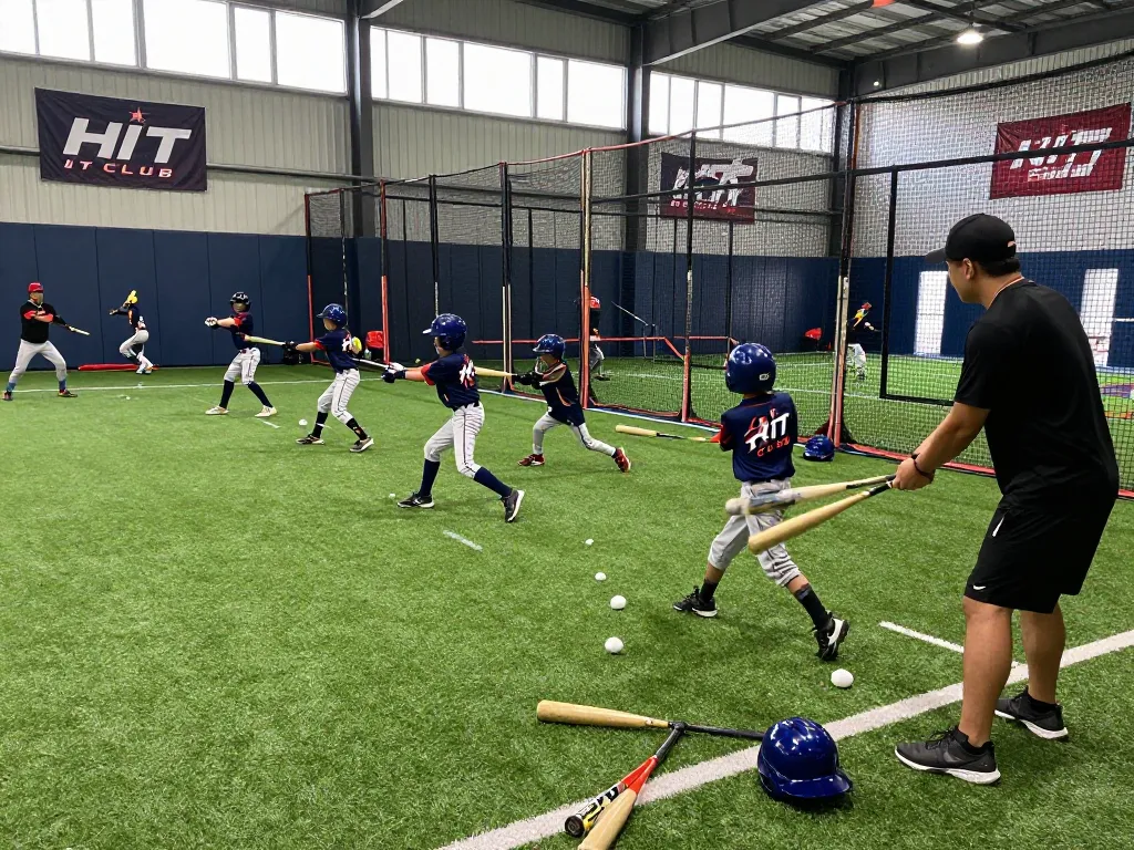 Exciting hit club baseball training scene with young players and coaches in action.