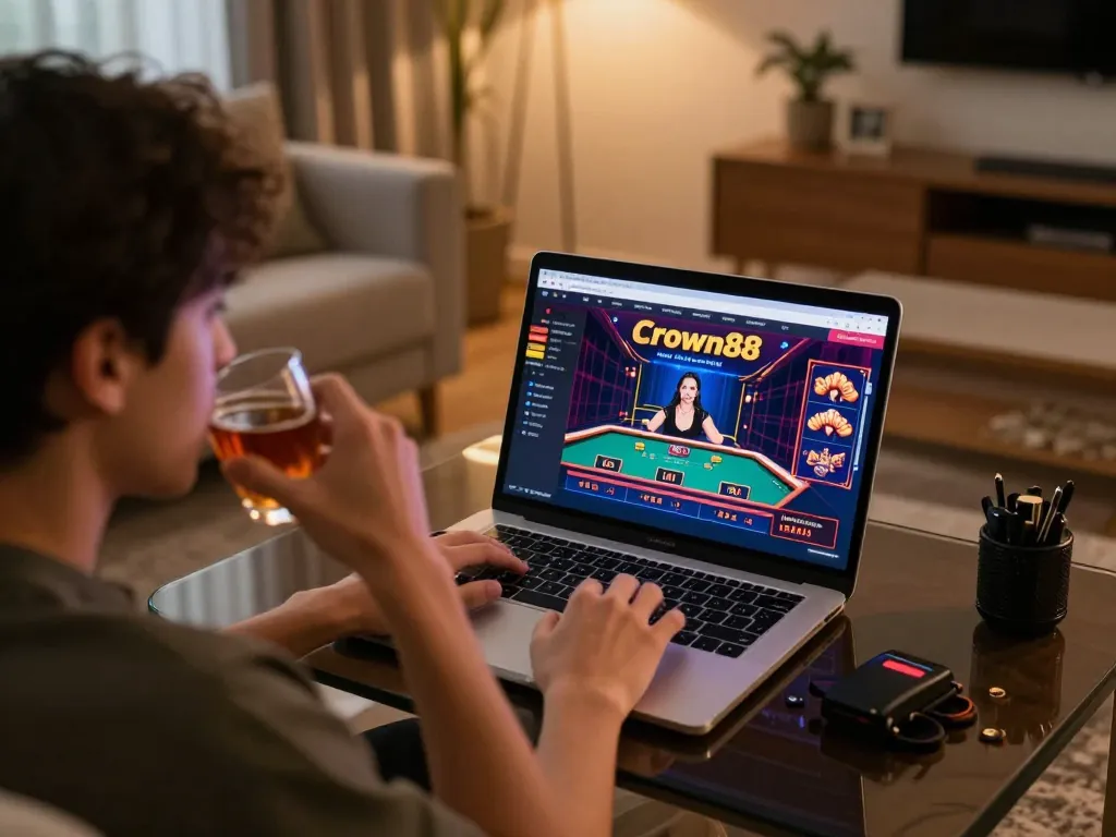 Crown88 online gameplay in a cozy home environment, featuring a player engaged in a live casino experience.