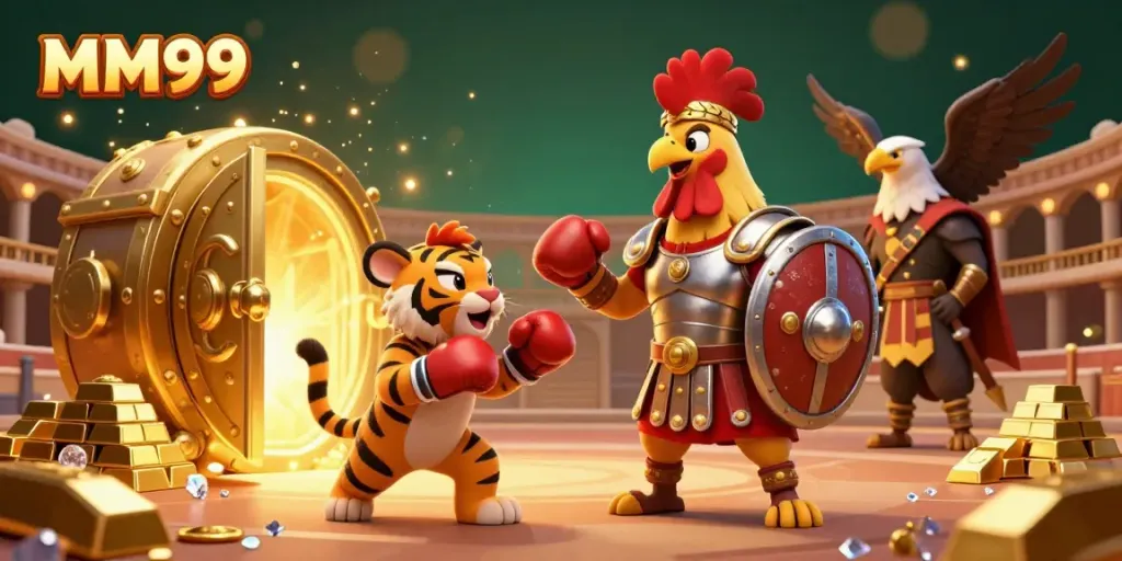 Engage with an exciting MM99 gambling scene featuring a gladiator rooster, treasure vault, and gem elements