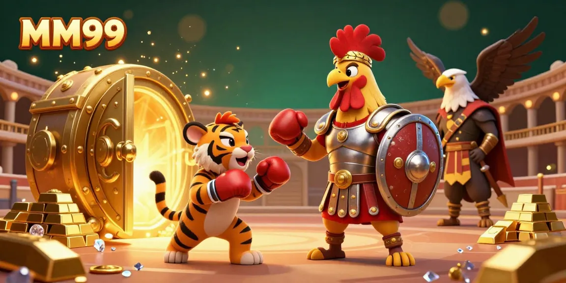 Engage with an exciting MM99 gambling scene featuring a gladiator rooster, treasure vault, and gem elements