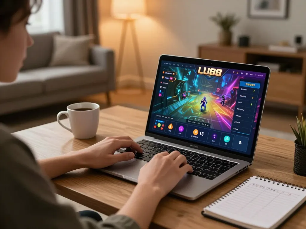 Engaged player enjoying the LU88 game on a laptop, showcasing vibrant interface and betting options.