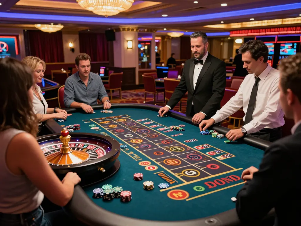 tg8 players betting on a roulette game in a lively casino atmosphere with vibrant lights
