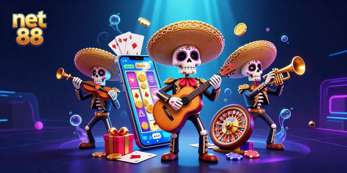 Play exciting slot games with net 88's vibrant mariachi-themed illustration filled with casino elements.