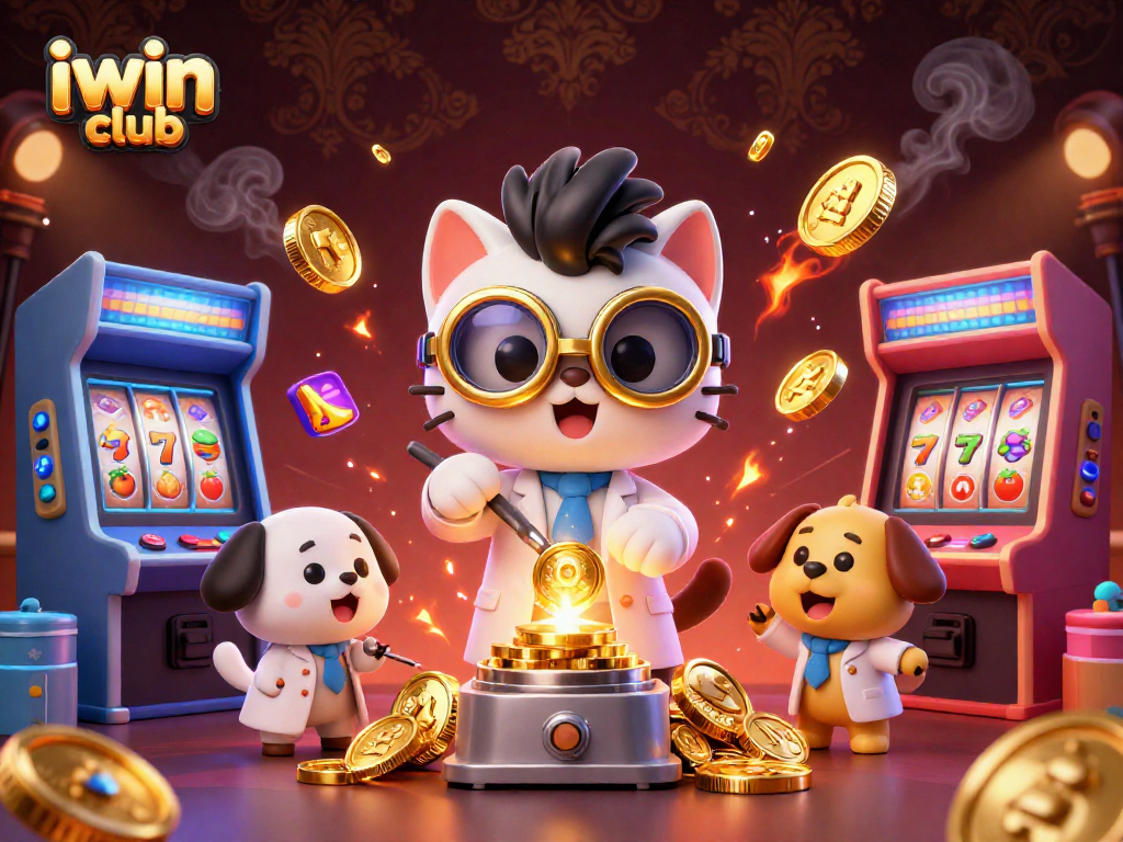 Join iwin club's gaming excitement with a mad scientist cat and dog amidst vibrant slot machines.