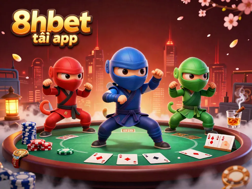 Experience the excitement with 8xbet tải app, showcasing chameleon ninjas in a vibrant poker scene.