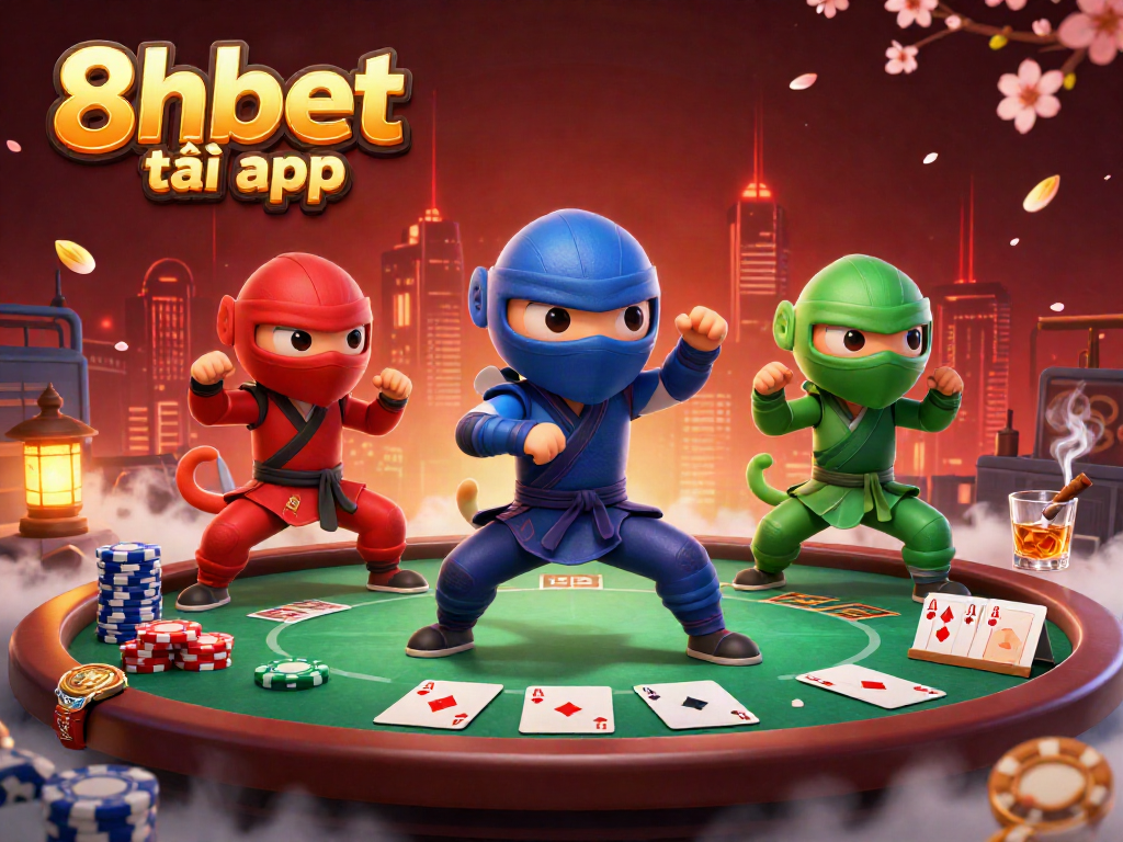 Experience the excitement with 8xbet tải app, showcasing chameleon ninjas in a vibrant poker scene.