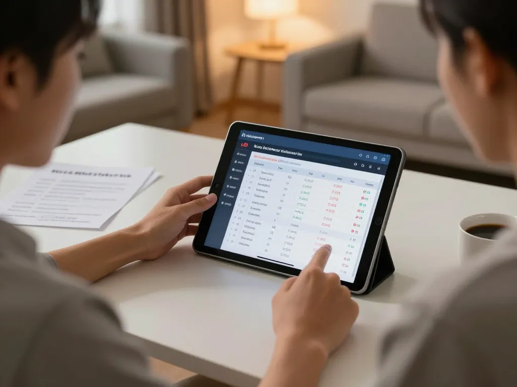 Engaged player analyzing kèo nhà cái strategies on tablet in a modern office setting.