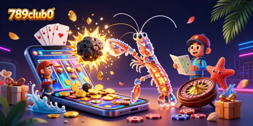 Engage with 789club0 through a vibrant scene showcasing colorful slot games, gaming elements, and animated characters.