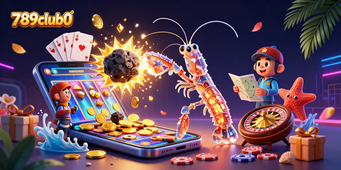 Engage with 789club0 through a vibrant scene showcasing colorful slot games, gaming elements, and animated characters.