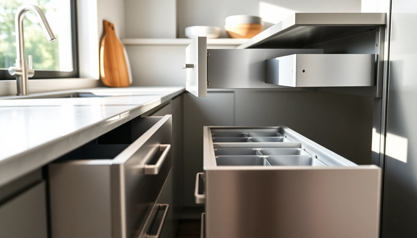 Metal double wall drawer system enhances kitchen organization with sleek design and practical features.