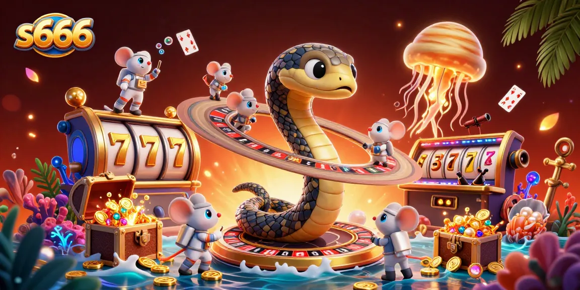 Experience exciting bets at s666 with cartoon characters amidst vibrant casino elements and gold treasures.