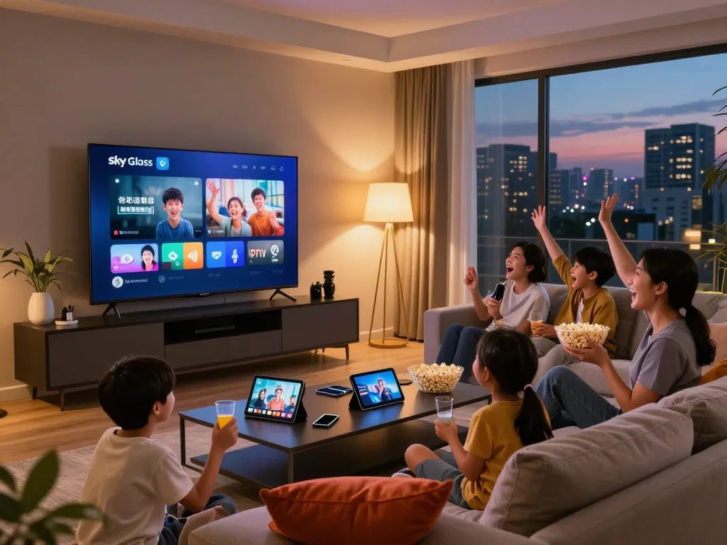 Sky glass IPTV family movie night in modern living room with cinematic ambiance