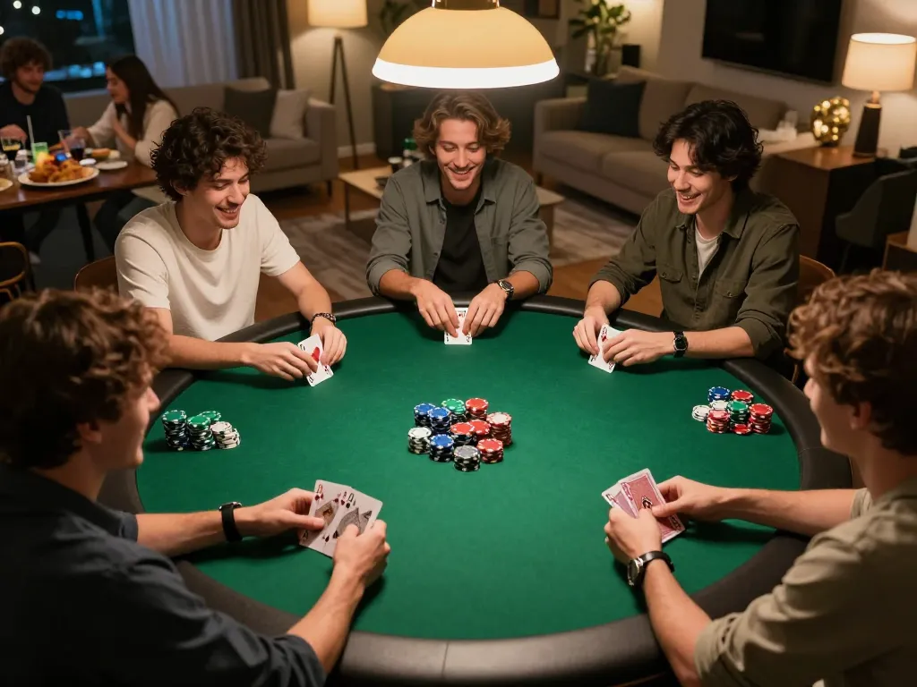 Players strategically engaging in a poker game at home, showcasing an exciting night with 789F entertainment experience.