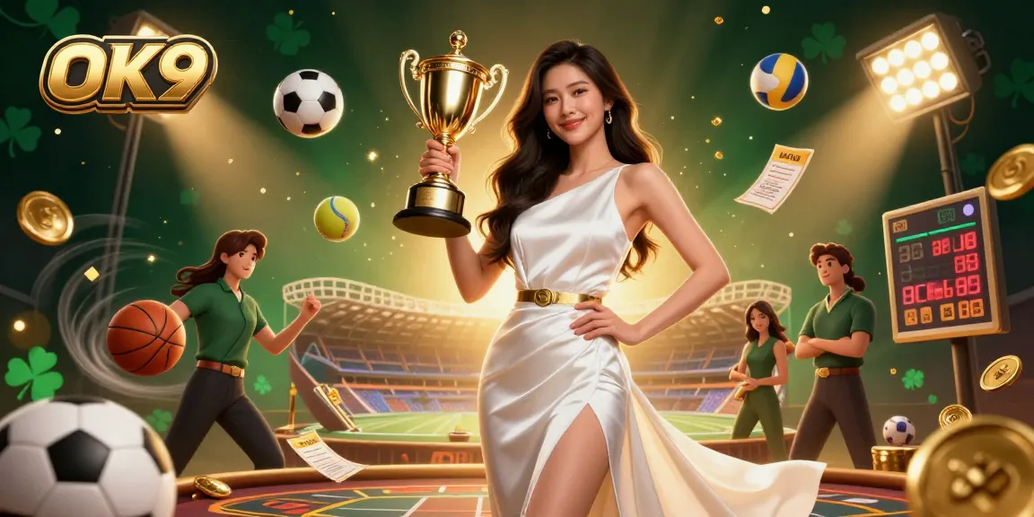 Experience thrilling sports betting at OK9 with a stunning Asian woman celebrating victory amidst dynamic game elements.