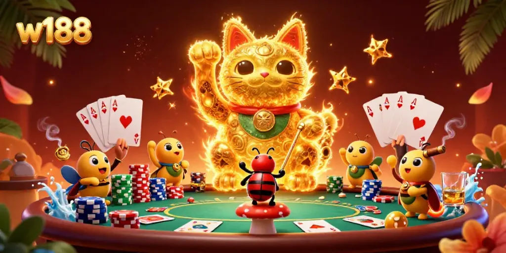 w188 showcases an animated lucky cat crafted from fireflies celebrating casino gaming with vibrant elements around.