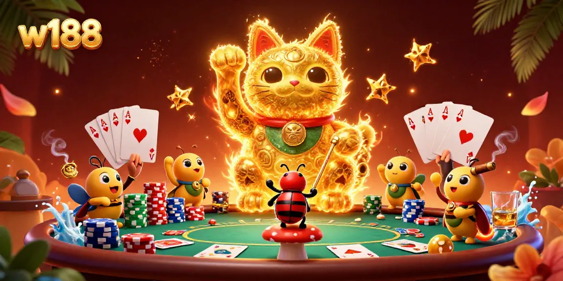 w188 showcases an animated lucky cat crafted from fireflies celebrating casino gaming with vibrant elements around.