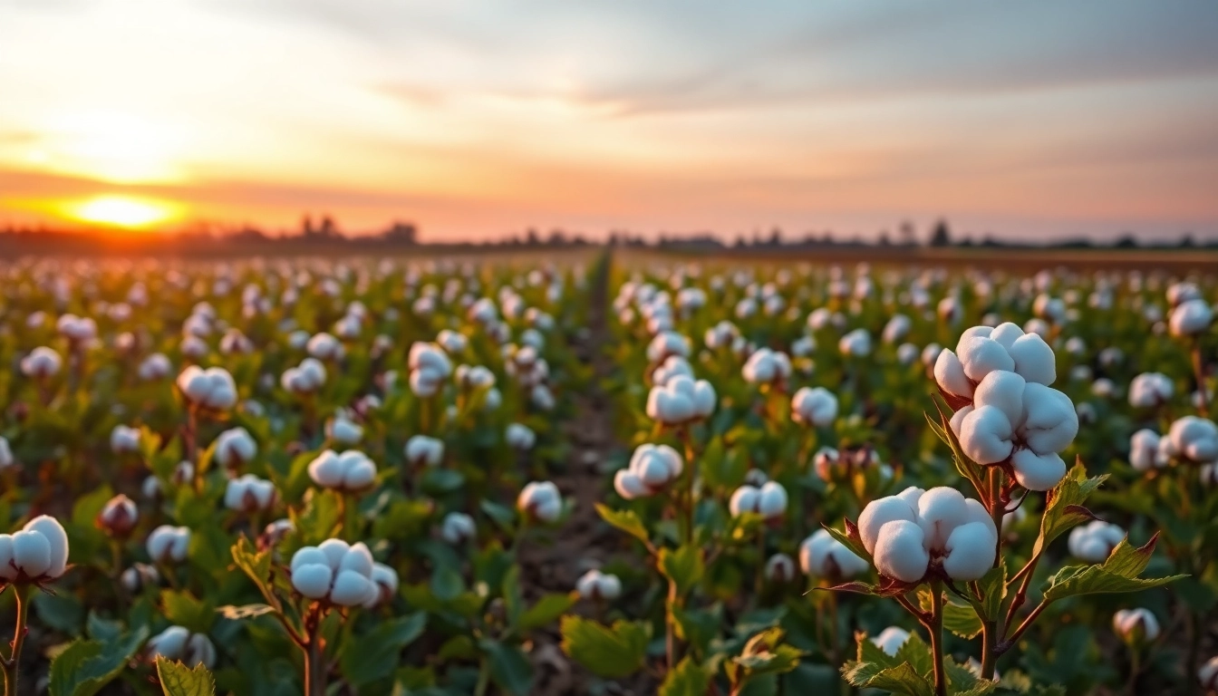 Katoenplanten in bloei met plukken katoen op een prachtig boerderijlandschap.