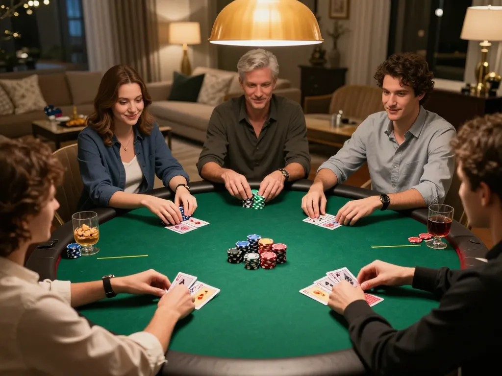 Engaging poker night at home showing players around a table with chips and cards, inspired by https://da88up.com/.