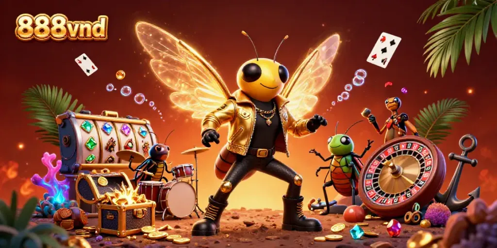 Experience exciting wins at 888vnd with a charismatic cicada rock star performing in a vibrant casino setting.