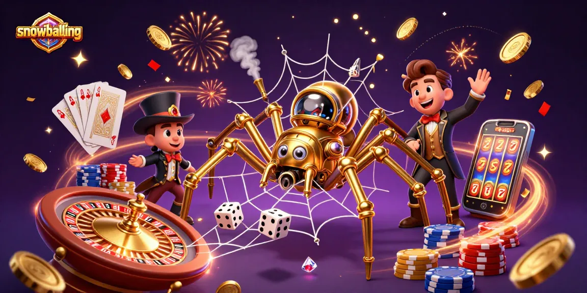 Engage in thrilling snowballing bets as the golden spider spins a web of fortune among cascading coins and poker chips.