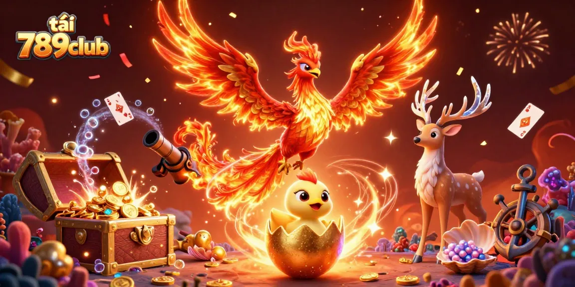 Play exciting games with tải 789club, featuring a vibrant phoenix, treasure, and casino elements.