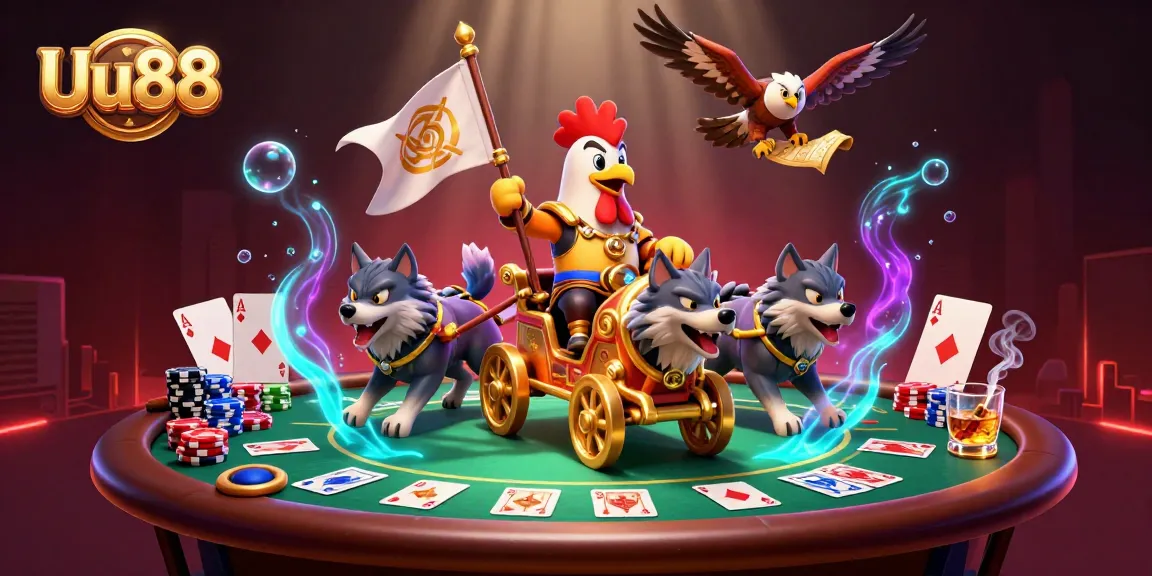 Engage with Uu88's dynamic casino scene featuring a rooster warlord and poker elements.