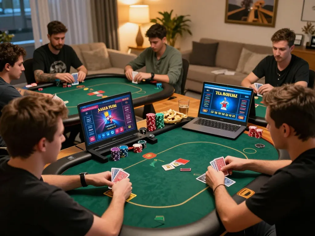 Pemain merancang strategi dalam permainan poker raja slot online yang tegang di rumah, suasana dinamis dan teknologi canggih.