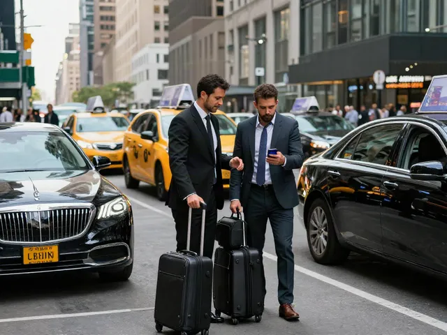 Car service from NYC with professional chauffeur assisting business traveler in urban setting