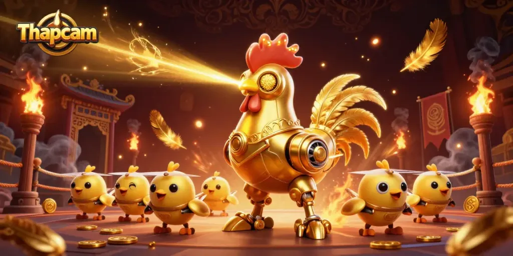 Engage with Thapcam's thrilling gaming atmosphere featuring a golden rooster robot and baby chick drones.