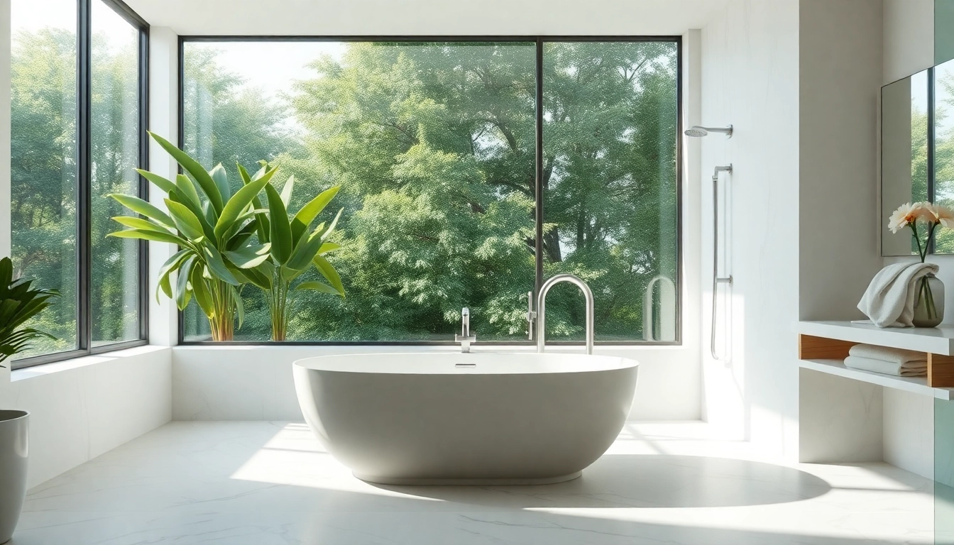 Experience elegant showers with a luxurious freestanding tub surrounded by greenery.