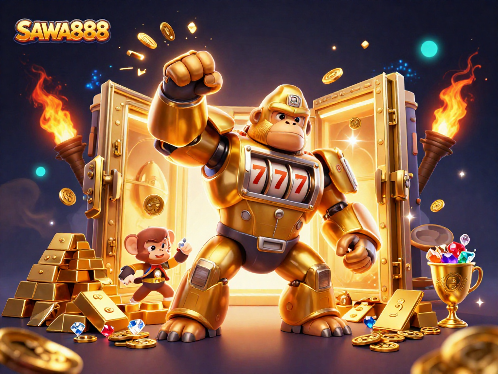 Experience SAWA888's dynamic gaming scene with a golden gorilla mech, spinning slot reels, and treasures.