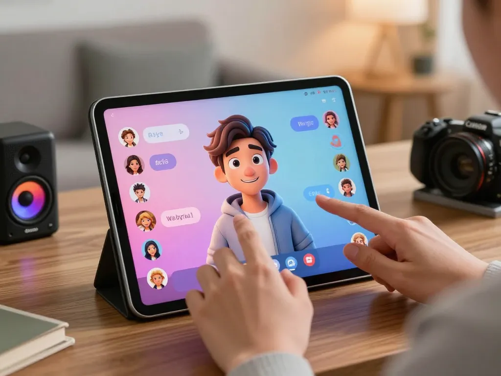 Engaging virtual chat with crush on ai character in a cozy home setting.