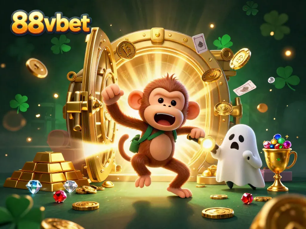 Experience thrilling gameplay at 88vbet with a mischievous monkey juggling gold in a haunted casino scene.