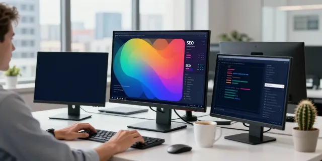 Professional workspace illustrating instant indexing in digital marketing with analytics on screens.