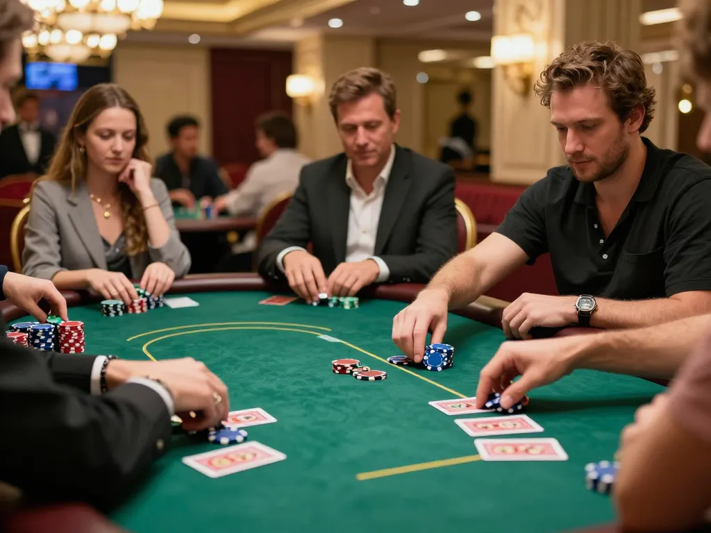 F168 players strategizing at a poker table with vibrant chips and cards, showcasing high-stakes casino action