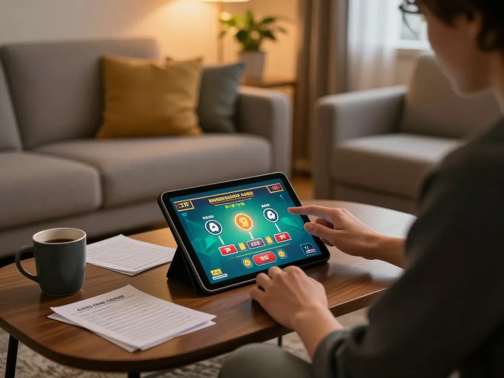 Hitclub gaming experience on a tablet in a cozy living room with warm lighting